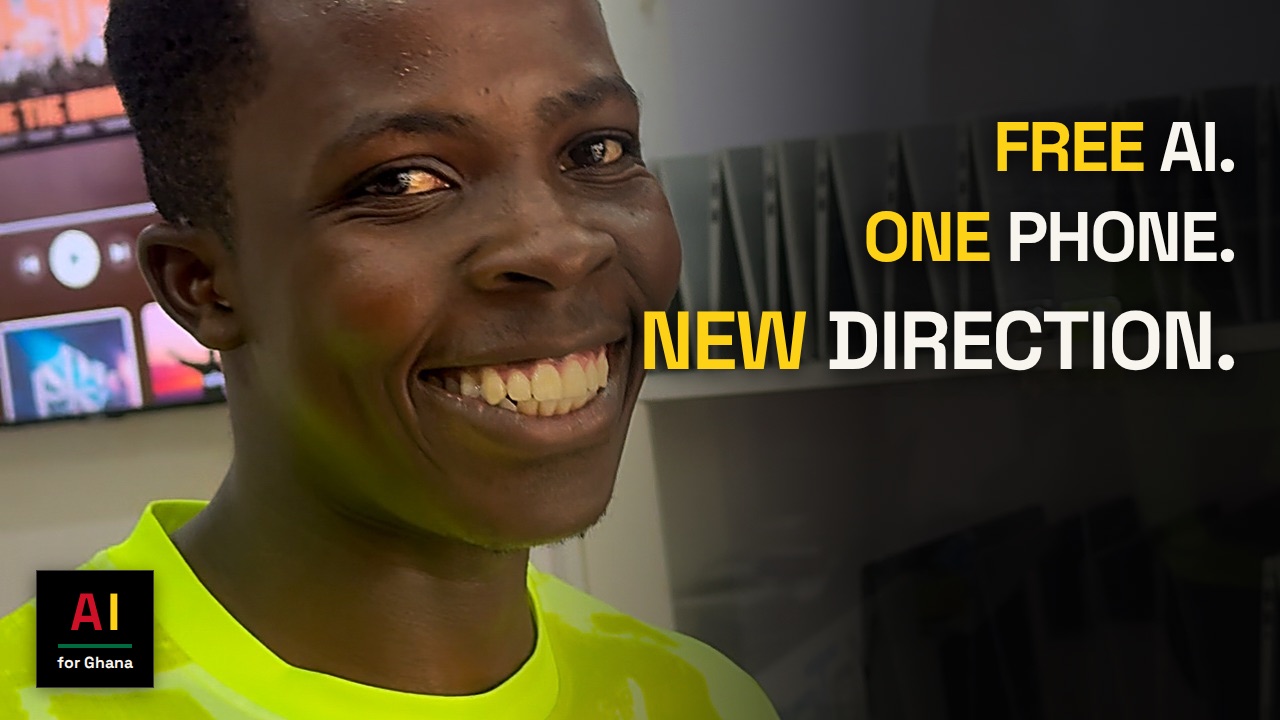 A young Ghanaian man smiling to camera beside the words "Free AI. One phone. New direction." — a still from the AI for Ghana YouTube channel.